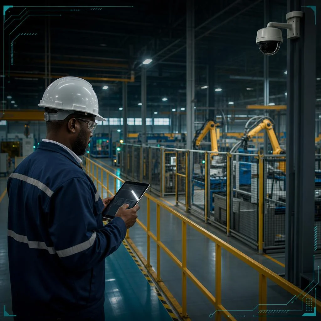 AI-generated illustration of an African HSE engineer reviewing a tablet beside a physically guarded industrial workcell