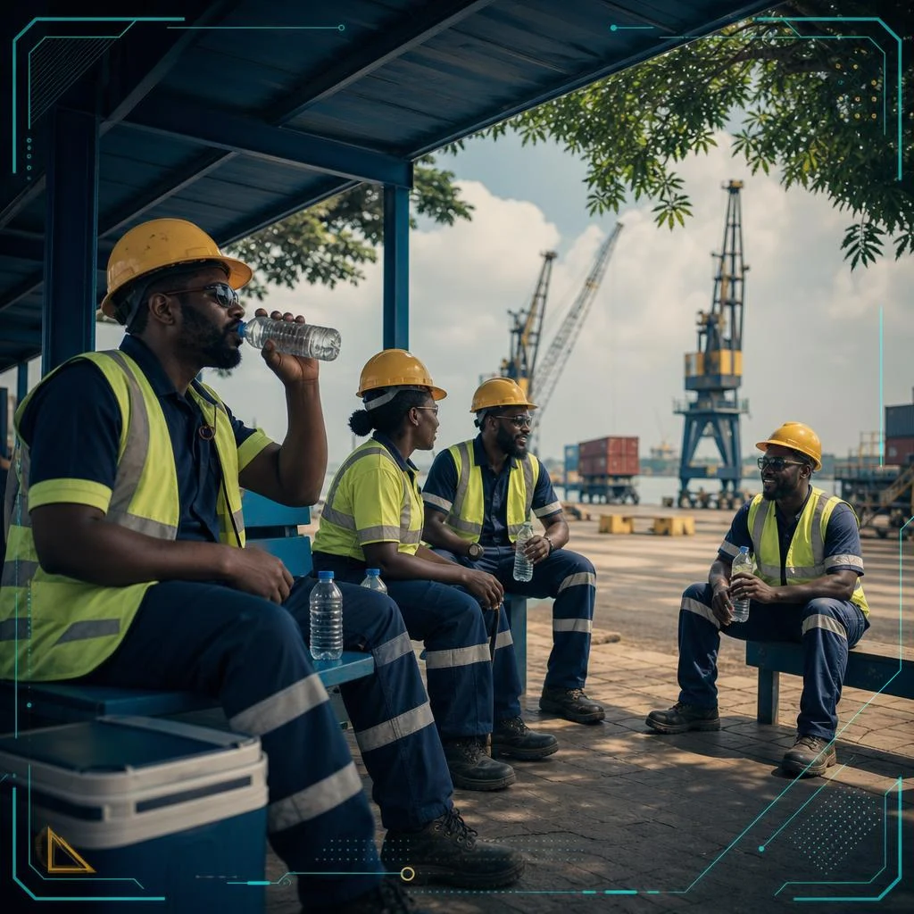 AI-generated illustration of African port workers drinking water during a shaded rest break near a cargo terminal
