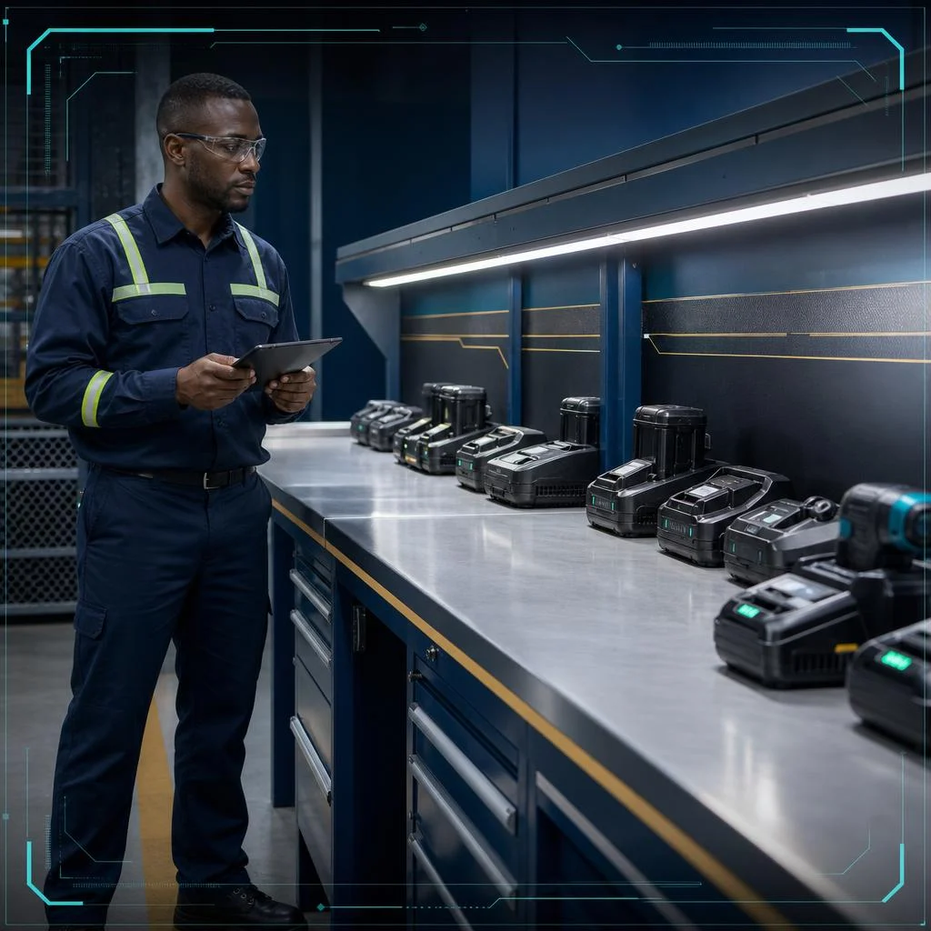 AI-generated illustration of an African safety officer inspecting an orderly cordless-tool battery charging station
