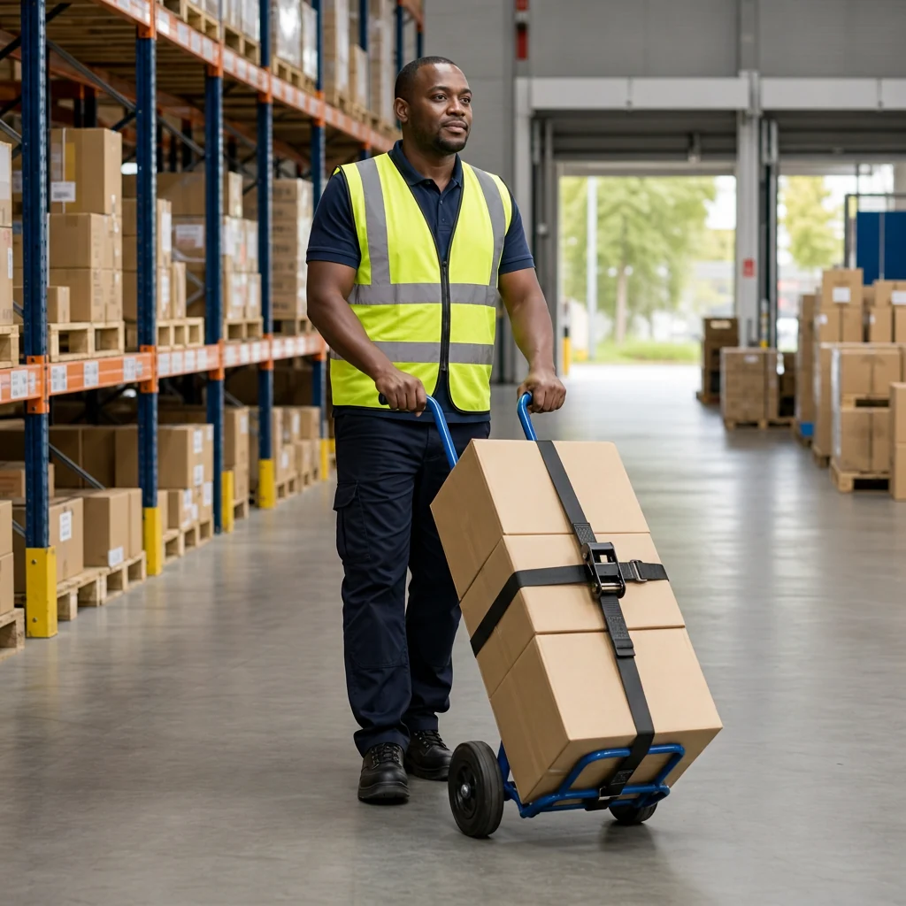 Illustrative AI-generated image: A warehouse worker moving secured cartons with a suitable trolley along a clear route.