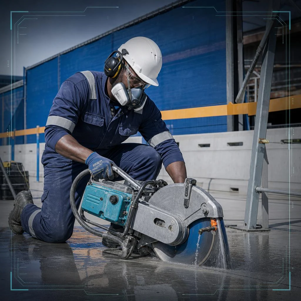 AI-generated illustration of an African construction worker using wet concrete cutting with respiratory and other protective equipment