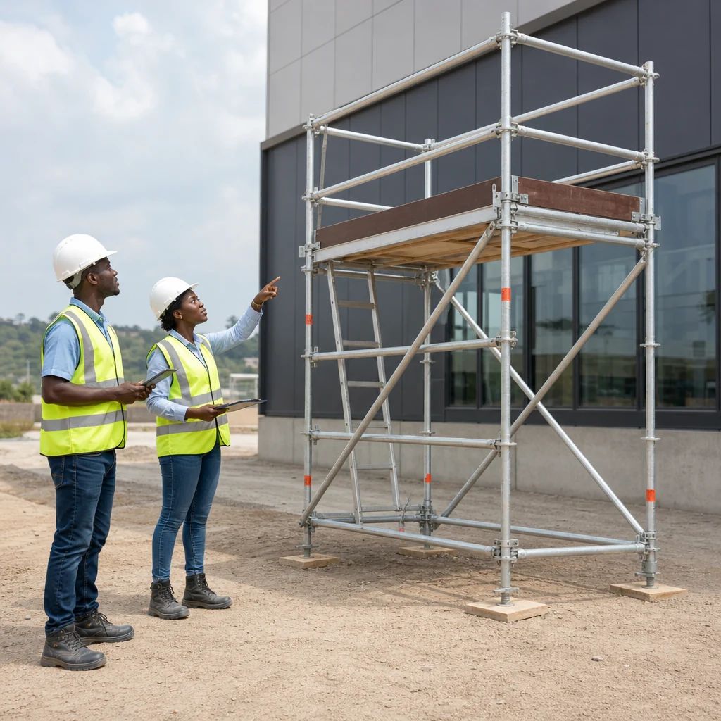 Illustrative AI-generated image: Construction workers inspecting a scaffold platform with guardrails and toe boards before work at height.
