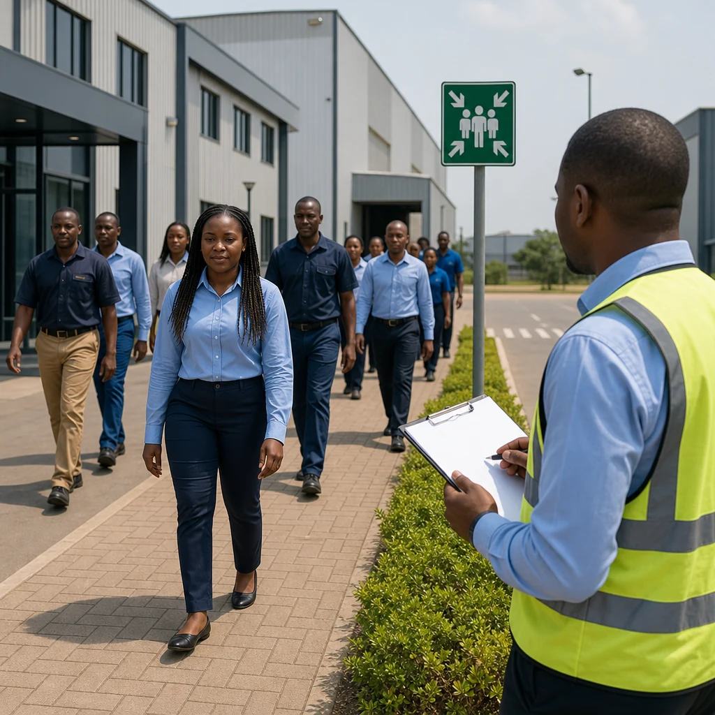 Illustrative AI-generated image: Employees taking part in a workplace fire evacuation drill with a clearly identified escape route.