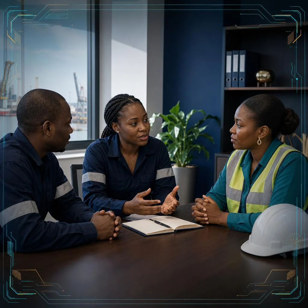 AI-generated illustration of African colleagues having a supportive workplace conversation in a quiet office