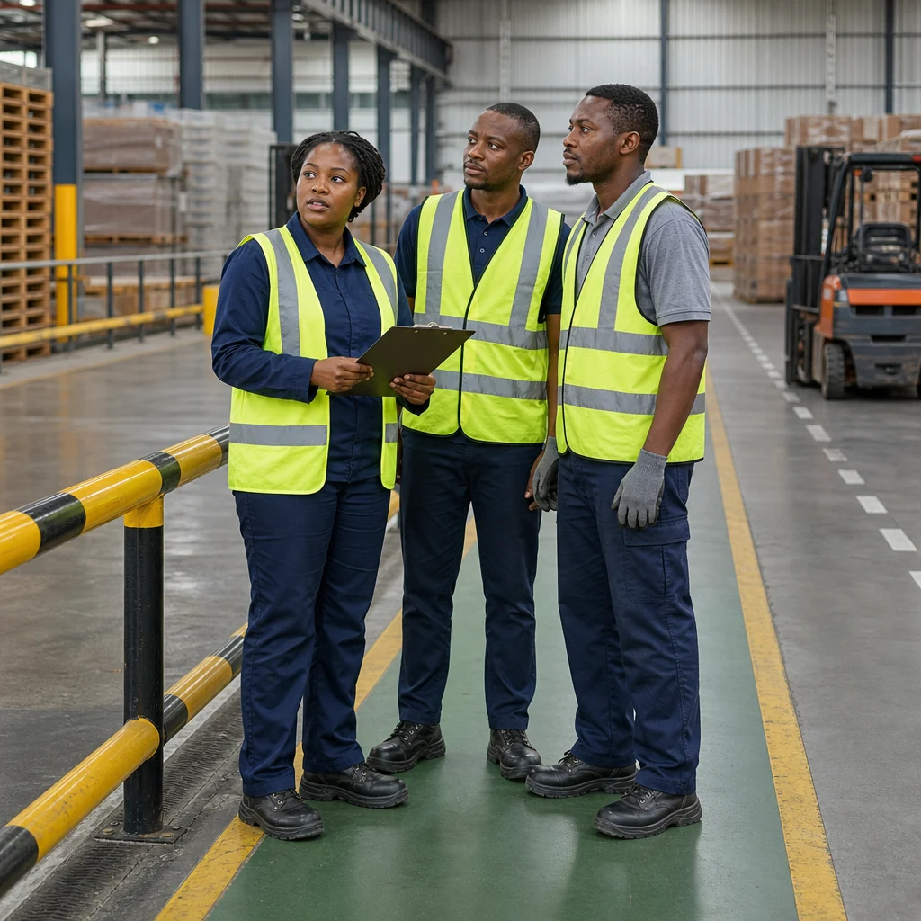 Safety professionals reviewing workplace hazards and risk assessment; an illustration for HSE career development